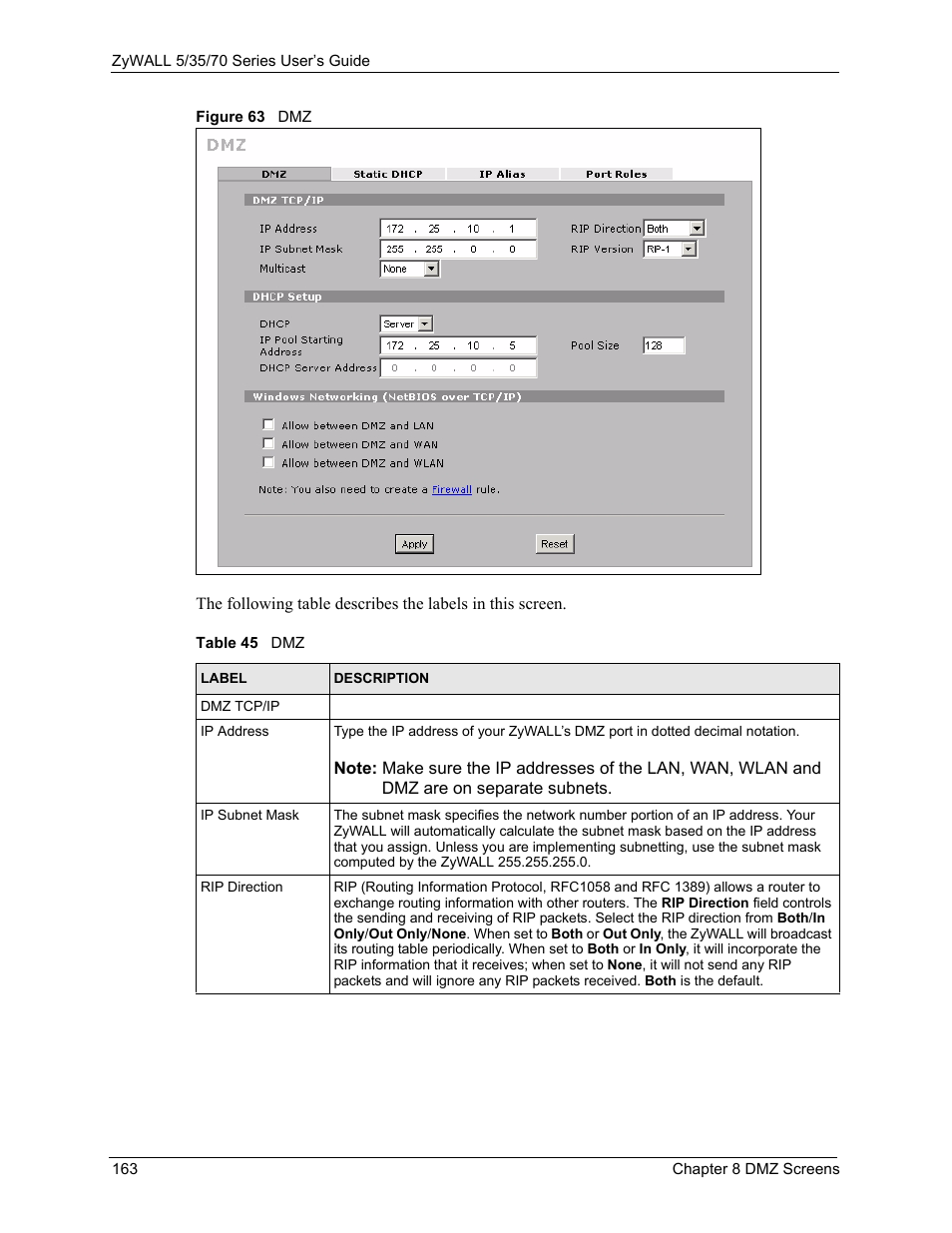 Figure 63 dmz, Table 45 dmz | ZyXEL Communications 70 Series User Manual | Page 163 / 807