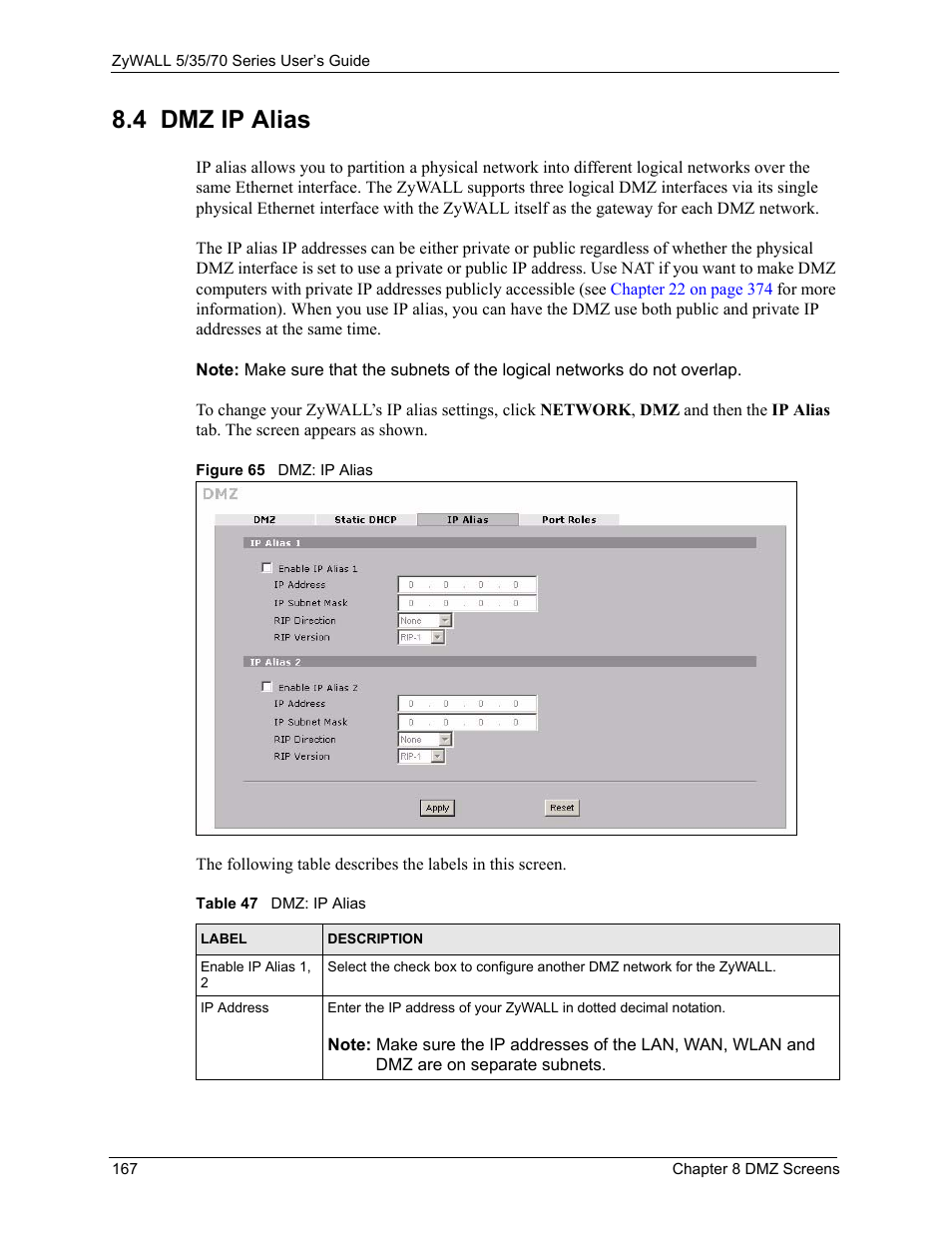 4 dmz ip alias, Figure 65 dmz: ip alias, Table 47 dmz: ip alias | ZyXEL Communications 70 Series User Manual | Page 167 / 807