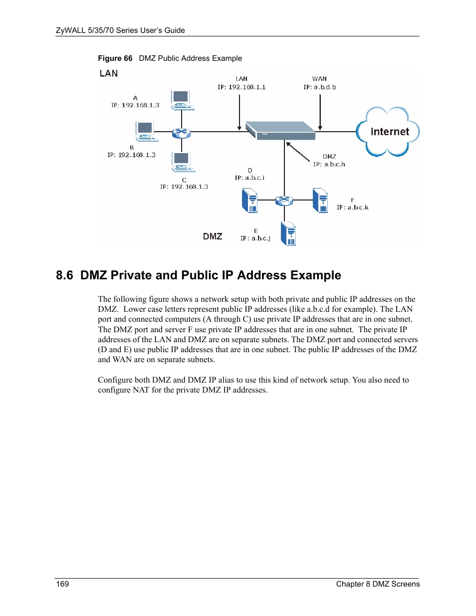 6 dmz private and public ip address example, Figure 66 dmz public address example | ZyXEL Communications 70 Series User Manual | Page 169 / 807