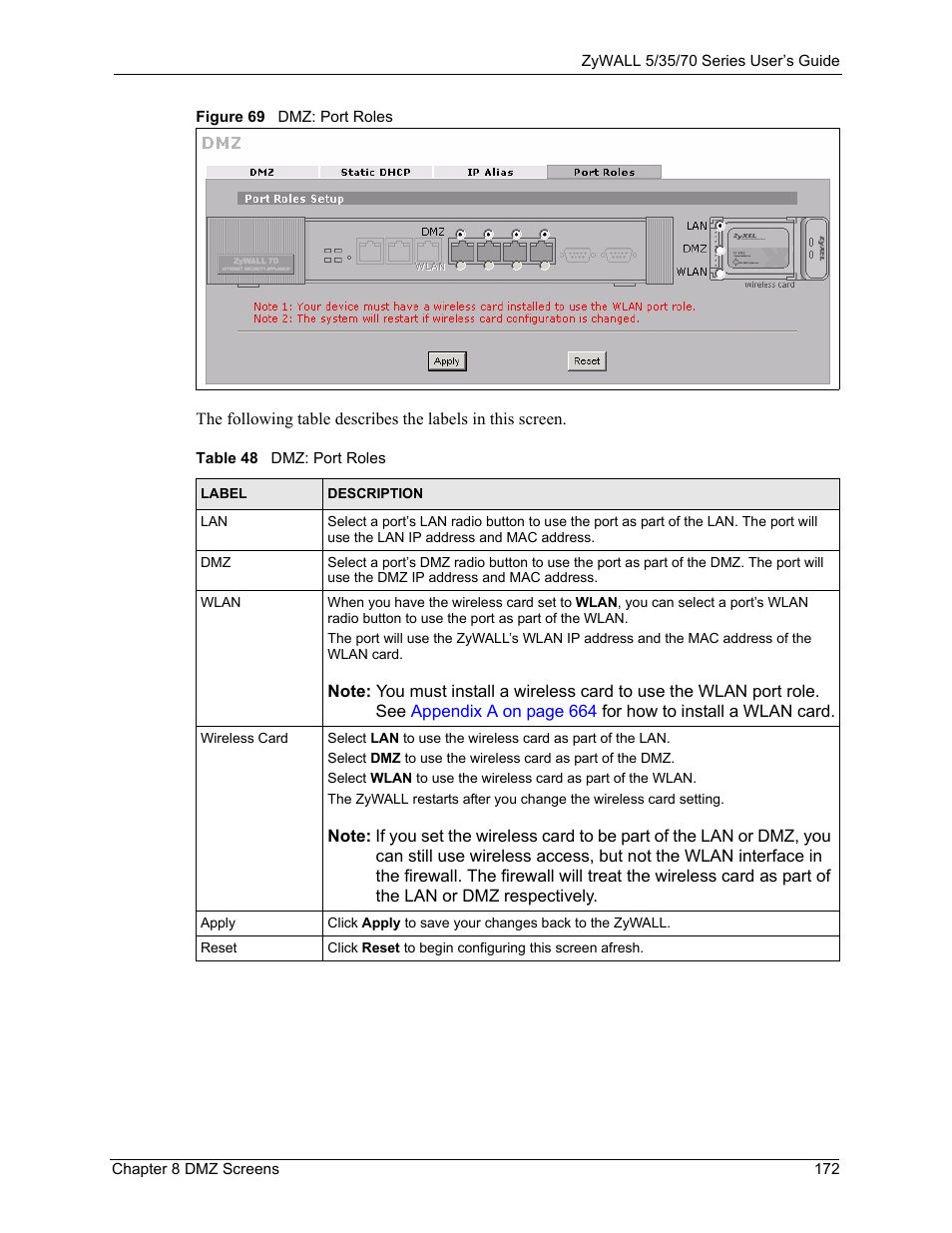 Figure 69 dmz: port roles, Table 48 dmz: port roles | ZyXEL Communications 70 Series User Manual | Page 172 / 807