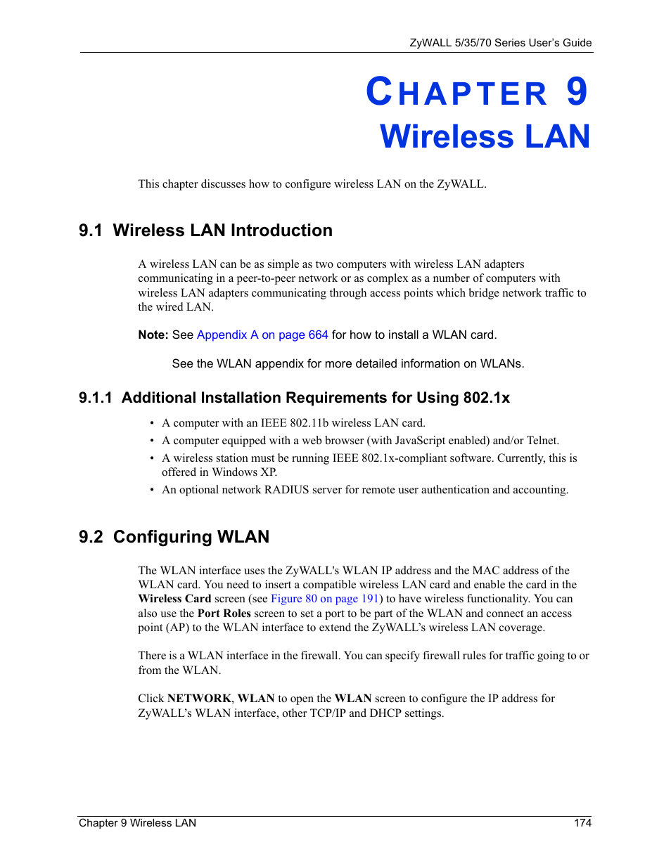 Wireless lan, 1 wireless lan introduction, Chapter 9 wireless lan | 2 configuring wlan | ZyXEL Communications 70 Series User Manual | Page 174 / 807