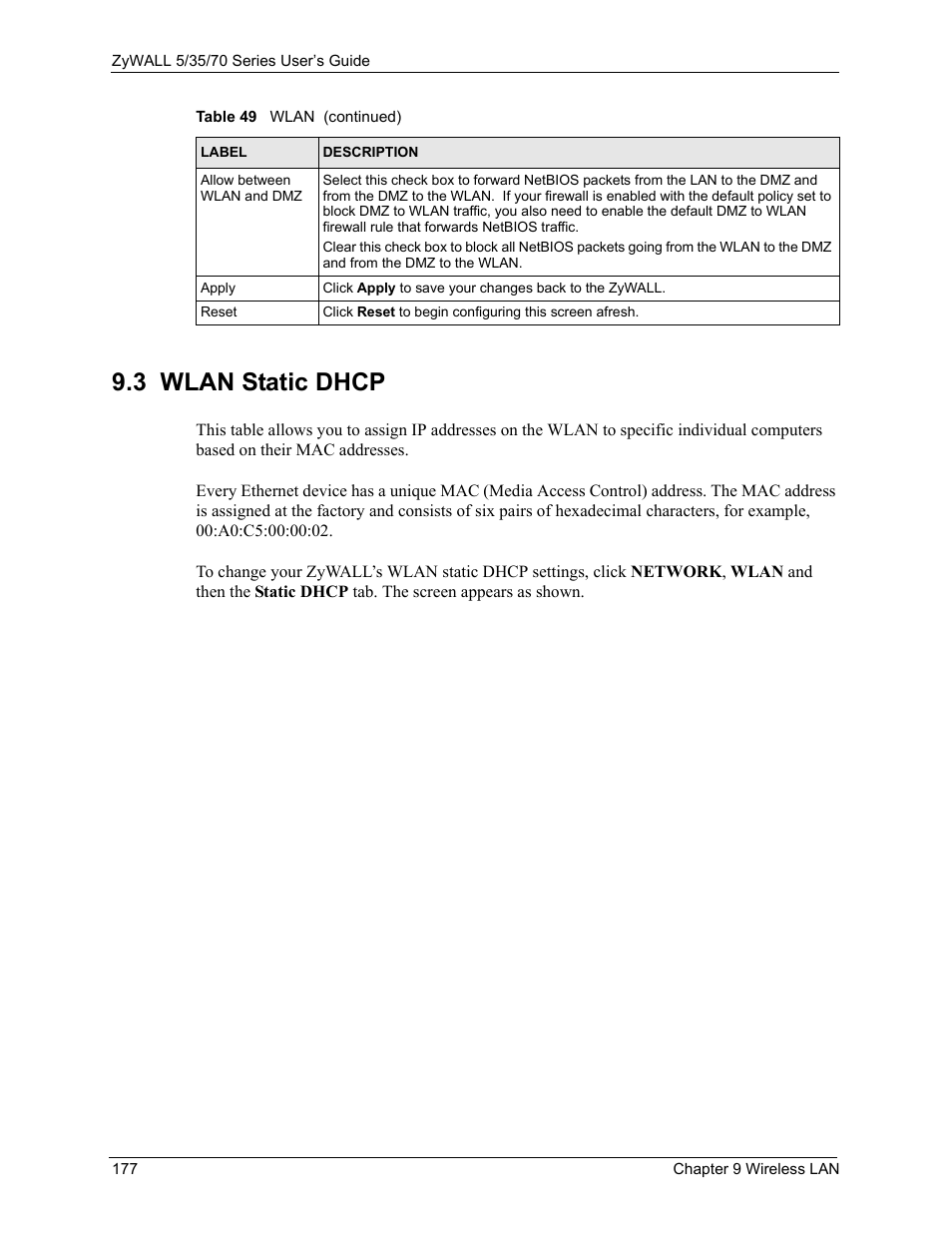 3 wlan static dhcp | ZyXEL Communications 70 Series User Manual | Page 177 / 807