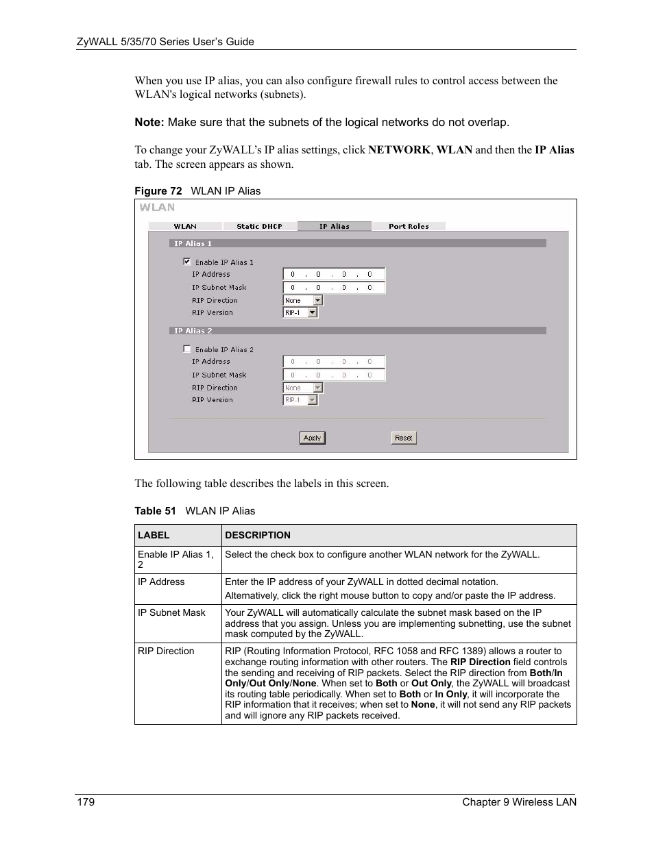 Figure 72 wlan ip alias, Table 51 wlan ip alias | ZyXEL Communications 70 Series User Manual | Page 179 / 807