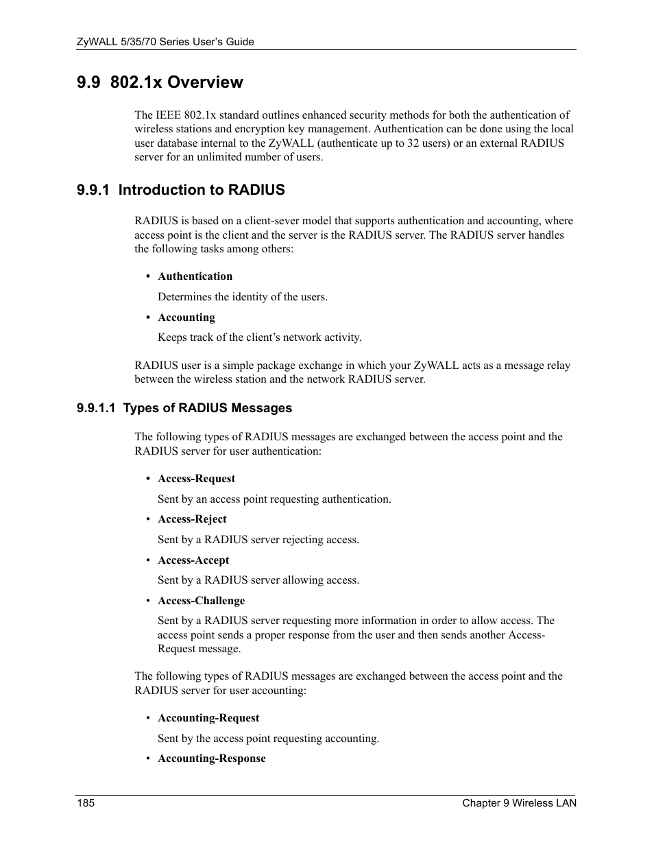 9 802.1x overview, 1 introduction to radius, 1 types of radius messages | ZyXEL Communications 70 Series User Manual | Page 185 / 807