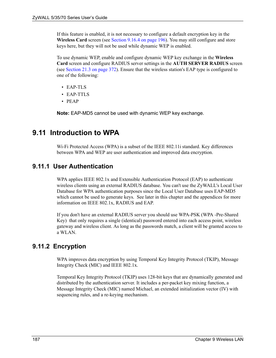 11 introduction to wpa, 1 user authentication, 2 encryption | 1 user authentication 9.11.2 encryption | ZyXEL Communications 70 Series User Manual | Page 187 / 807