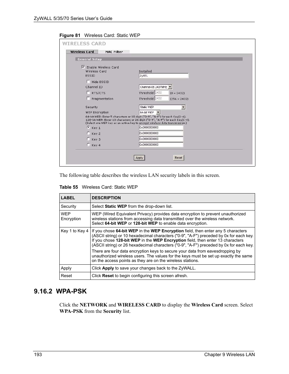 2 wpa-psk, Figure 81 wireless card: static wep, Table 55 wireless card: static wep | ZyXEL Communications 70 Series User Manual | Page 193 / 807