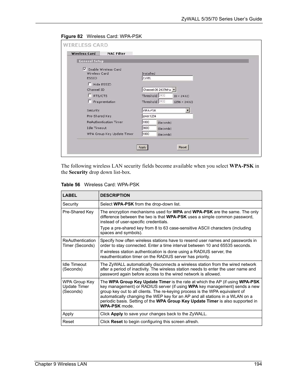 Figure 82 wireless card: wpa-psk, Table 56 wireless card: wpa-psk | ZyXEL Communications 70 Series User Manual | Page 194 / 807