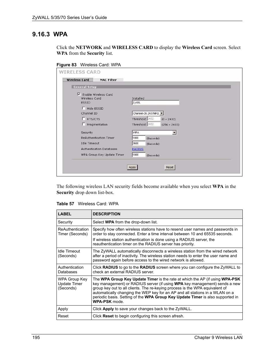 3 wpa, Figure 83 wireless card: wpa, Table 57 wireless card: wpa | ZyXEL Communications 70 Series User Manual | Page 195 / 807