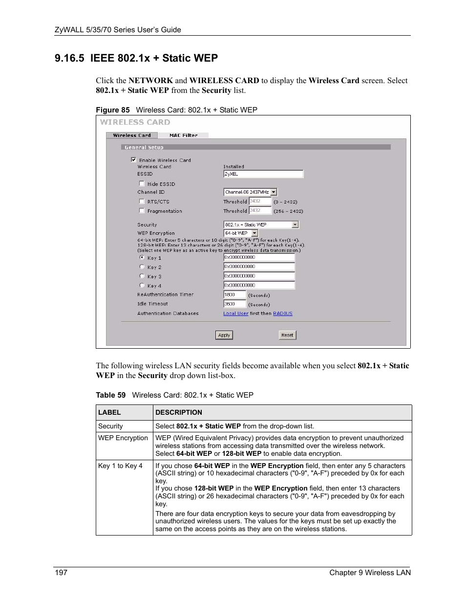 5 ieee 802.1x + static wep, Figure 85 wireless card: 802.1x + static wep, Table 59 wireless card: 802.1x + static wep | ZyXEL Communications 70 Series User Manual | Page 197 / 807