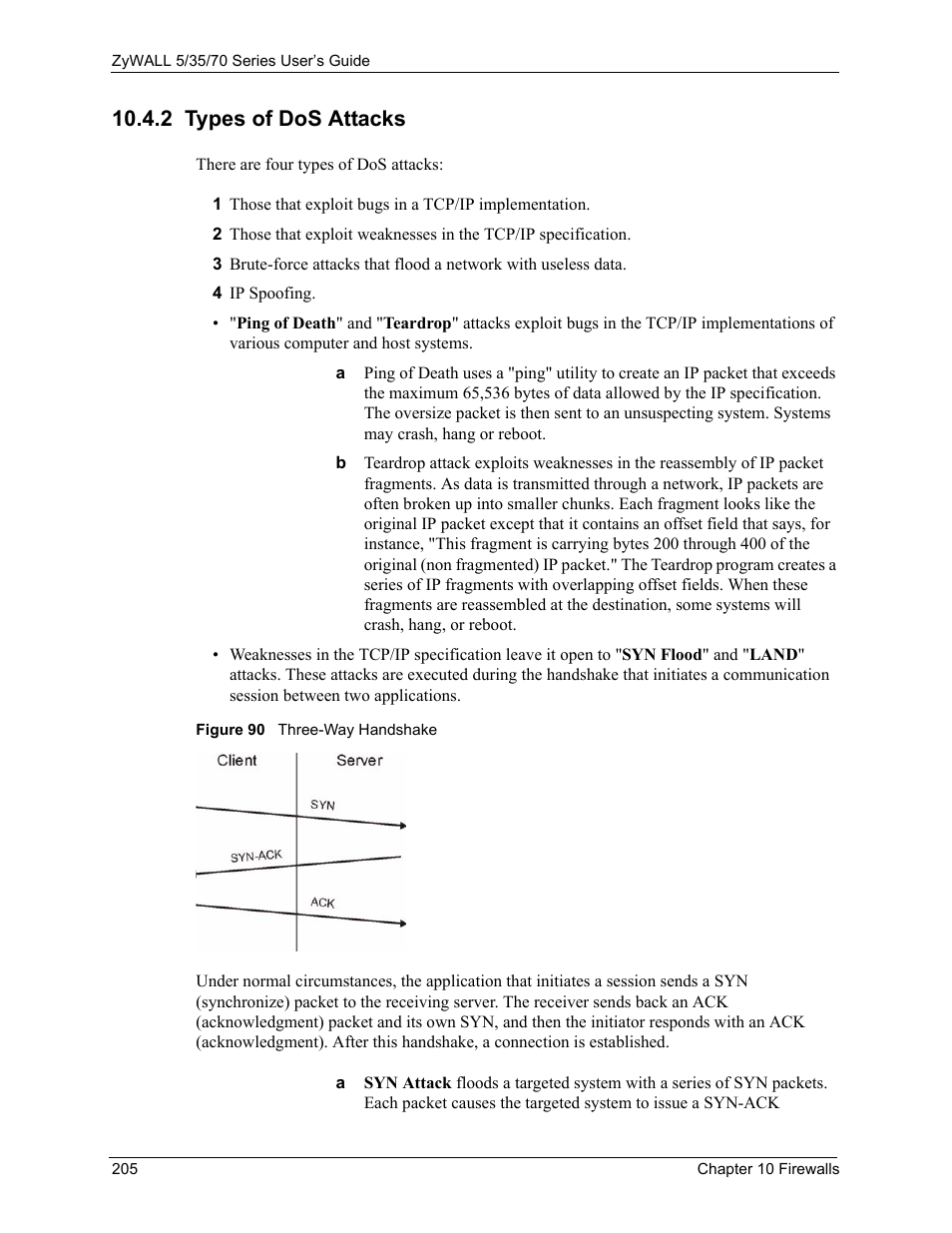 2 types of dos attacks, Figure 90 three-way handshake | ZyXEL Communications 70 Series User Manual | Page 205 / 807