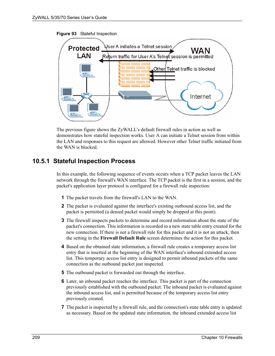 1 stateful inspection process, Figure 93 stateful inspection | ZyXEL Communications 70 Series User Manual | Page 209 / 807