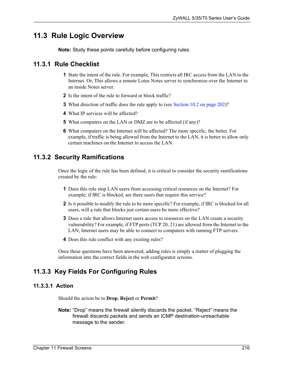 3 rule logic overview, 1 rule checklist, 2 security ramifications | 3 key fields for configuring rules, 1 action | ZyXEL Communications 70 Series User Manual | Page 216 / 807