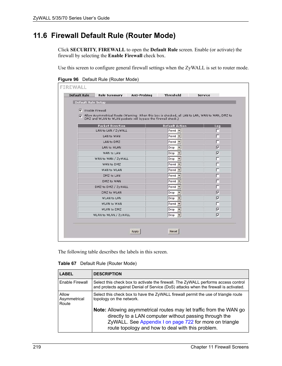 6 firewall default rule (router mode), Figure 96 default rule (router mode), Table 67 default rule (router mode) | ZyXEL Communications 70 Series User Manual | Page 219 / 807