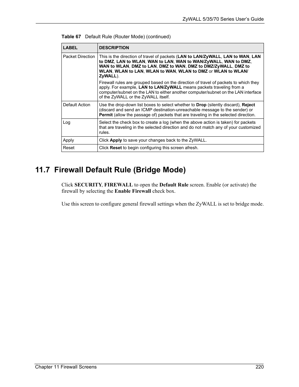 7 firewall default rule (bridge mode) | ZyXEL Communications 70 Series User Manual | Page 220 / 807