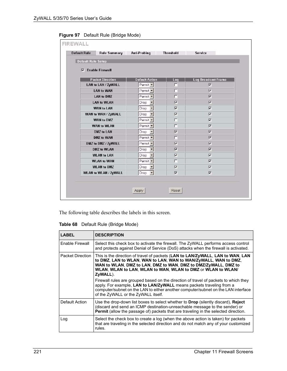 Figure 97 default rule (bridge mode), Table 68 default rule (bridge mode) | ZyXEL Communications 70 Series User Manual | Page 221 / 807