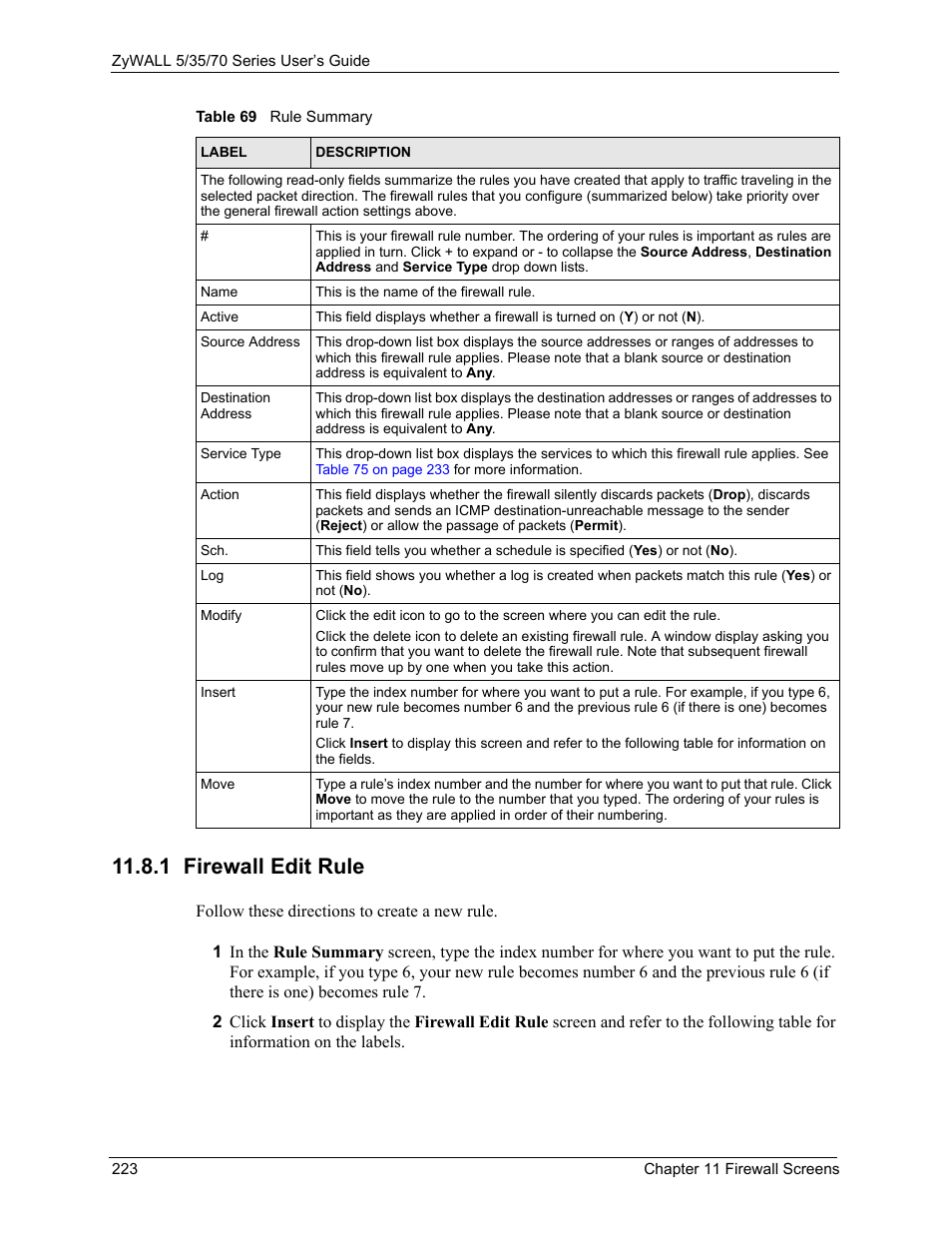 1 firewall edit rule | ZyXEL Communications 70 Series User Manual | Page 223 / 807