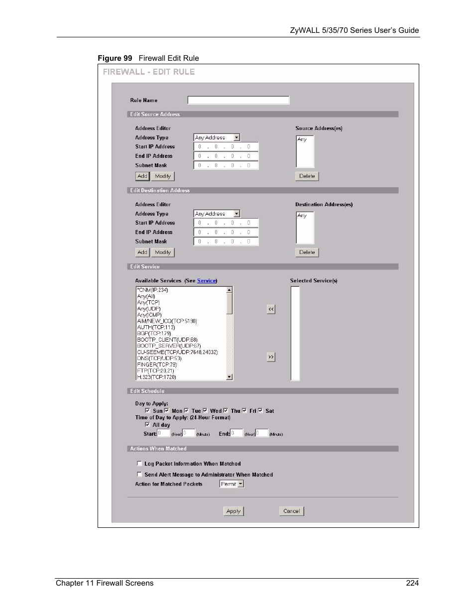 Figure 99 firewall edit rule, Figure 99 | ZyXEL Communications 70 Series User Manual | Page 224 / 807