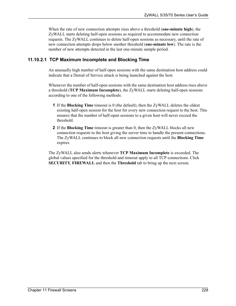 1 tcp maximum incomplete and blocking time | ZyXEL Communications 70 Series User Manual | Page 228 / 807