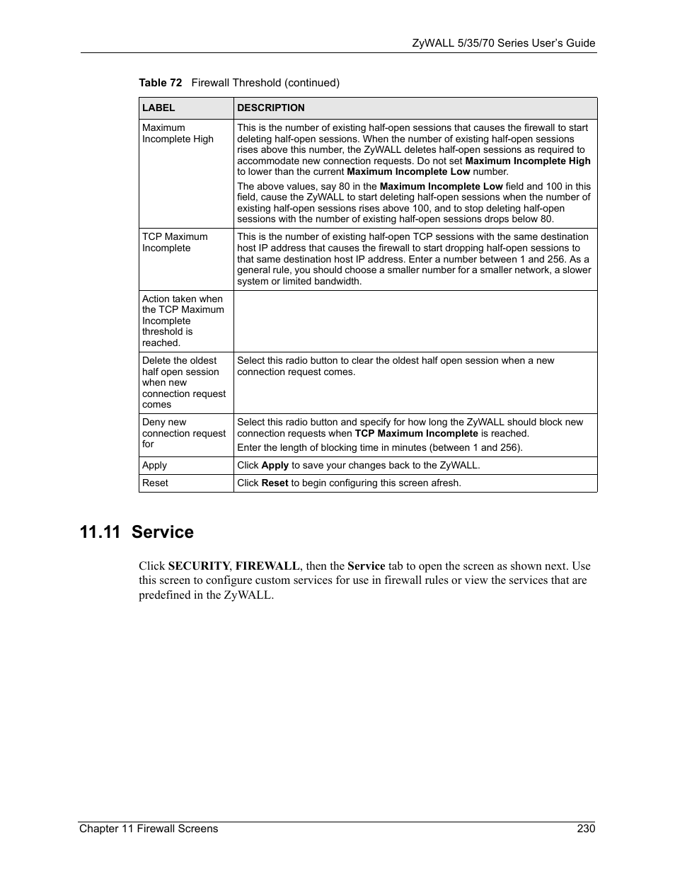 11 service | ZyXEL Communications 70 Series User Manual | Page 230 / 807