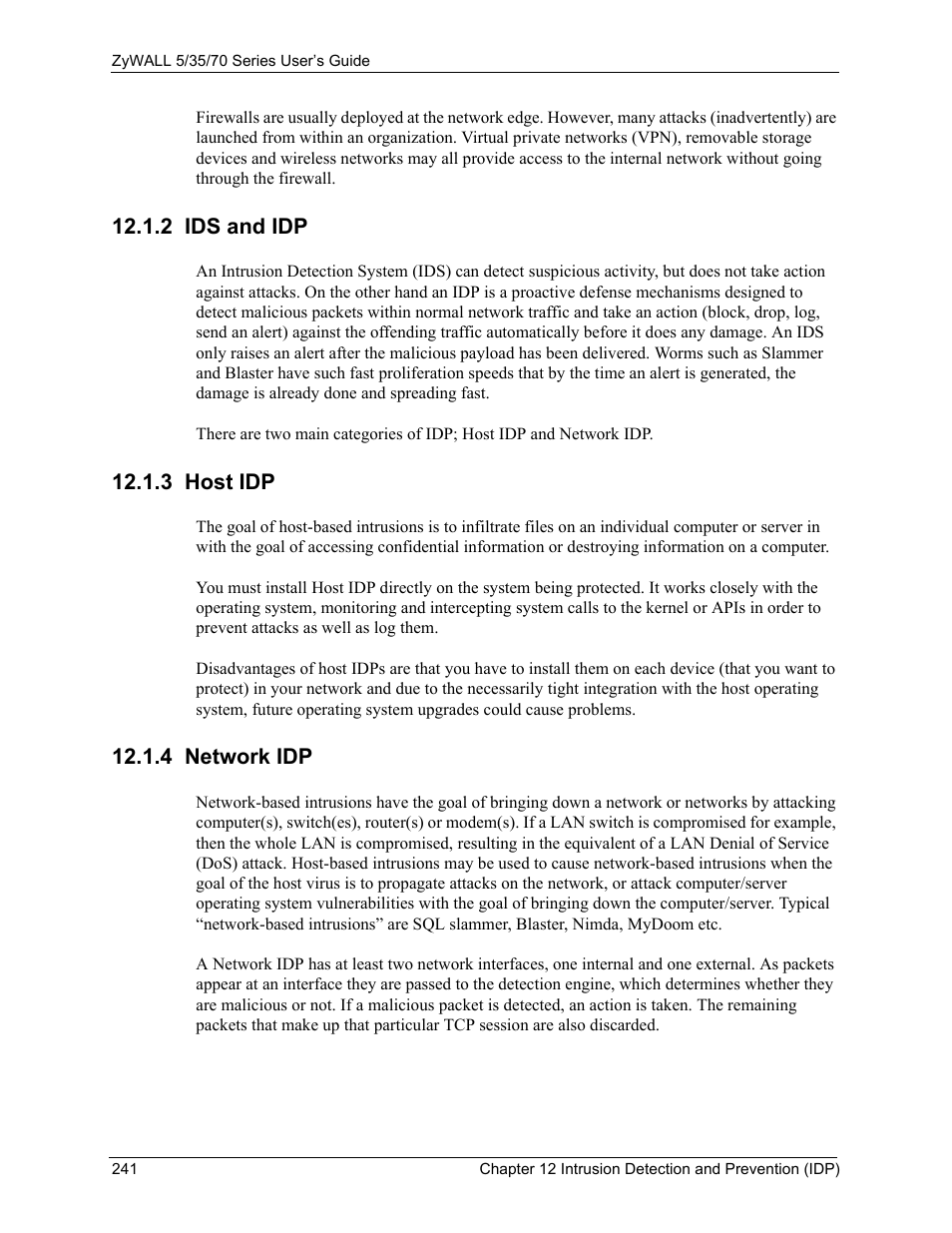2 ids and idp, 3 host idp, 4 network idp | 2 ids and idp 12.1.3 host idp 12.1.4 network idp | ZyXEL Communications 70 Series User Manual | Page 241 / 807