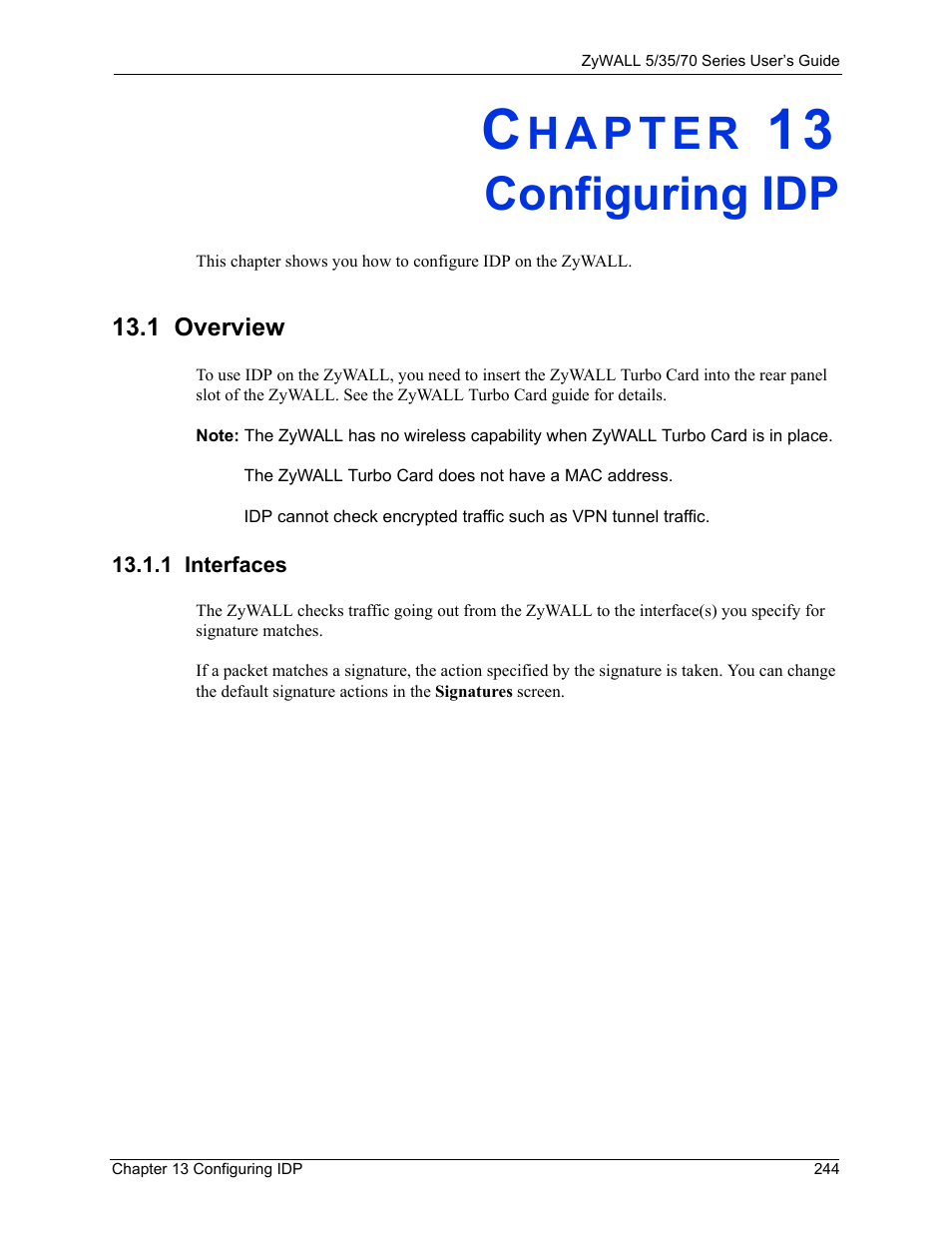 Configuring idp, 1 overview, 1 interfaces | Chapter 13 configuring idp | ZyXEL Communications 70 Series User Manual | Page 244 / 807