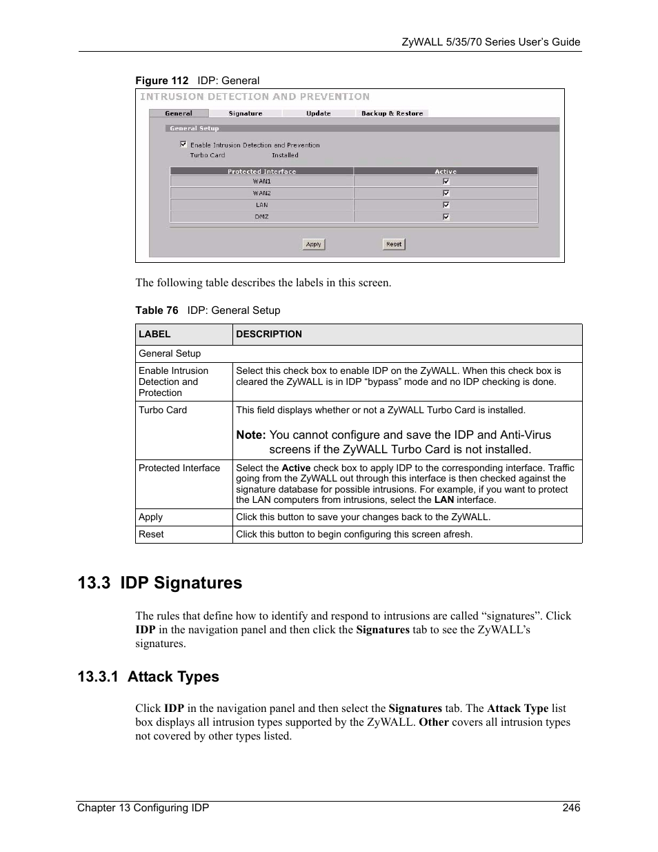 1 attack types, 3 idp signatures, Figure 112 idp: general | Table 76 idp: general setup | ZyXEL Communications 70 Series User Manual | Page 246 / 807