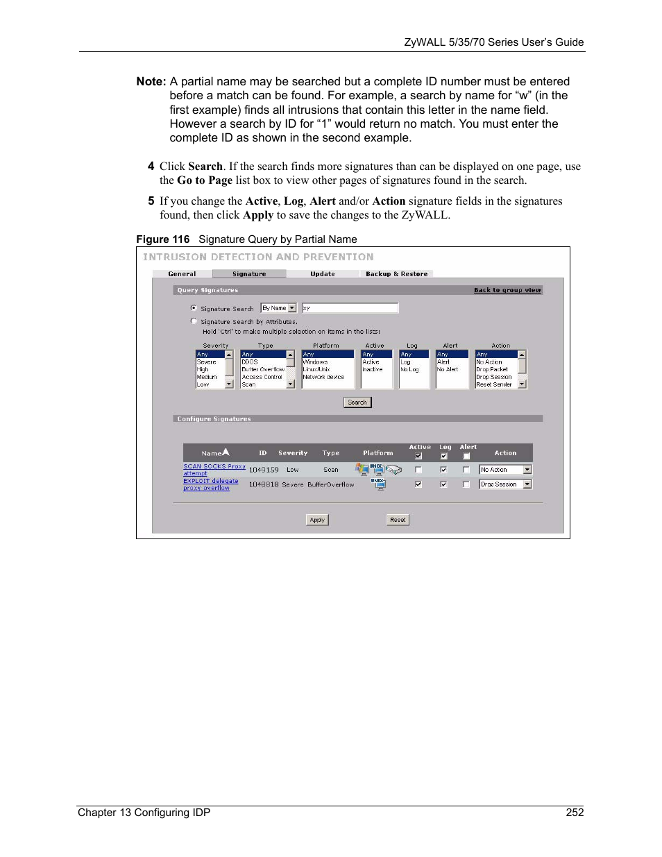 Figure 116 signature query by partial name | ZyXEL Communications 70 Series User Manual | Page 252 / 807