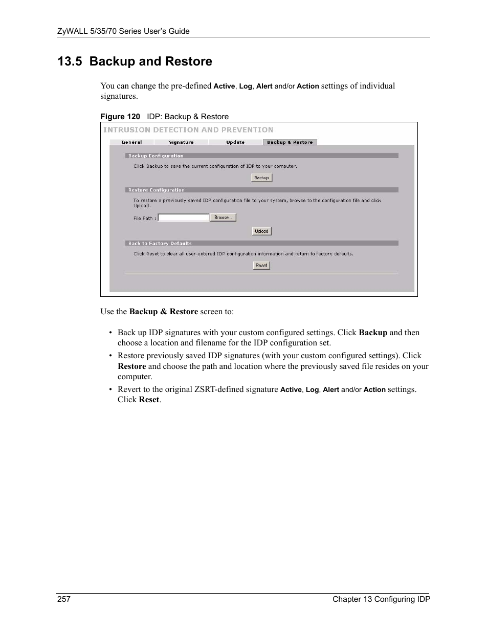 5 backup and restore, Figure 120 idp: backup & restore | ZyXEL Communications 70 Series User Manual | Page 257 / 807