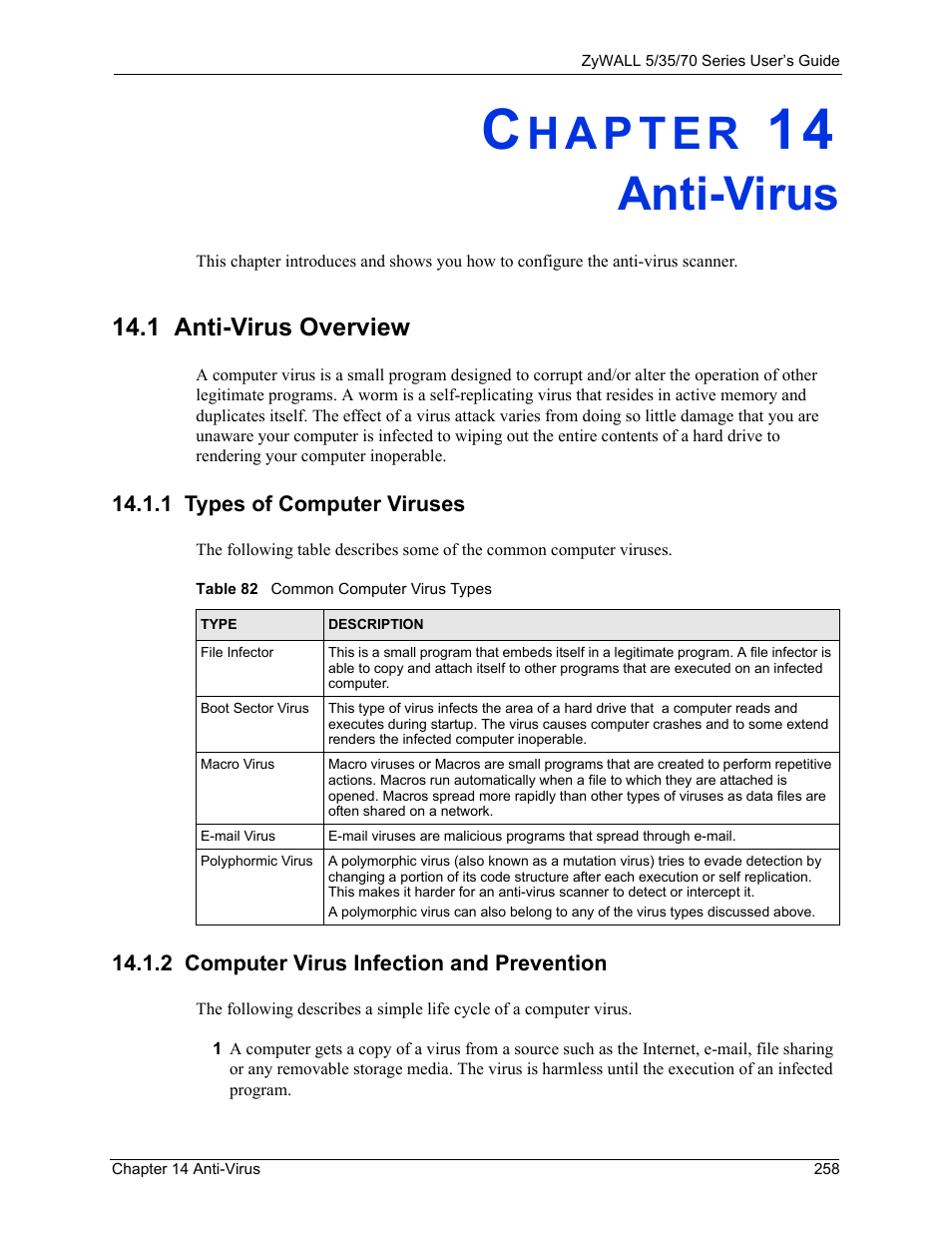 Anti-virus, 1 types of computer viruses, 2 computer virus infection and prevention | Chapter 14 anti-virus, 1 anti-virus overview, Table 82 common computer virus types | ZyXEL Communications 70 Series User Manual | Page 258 / 807