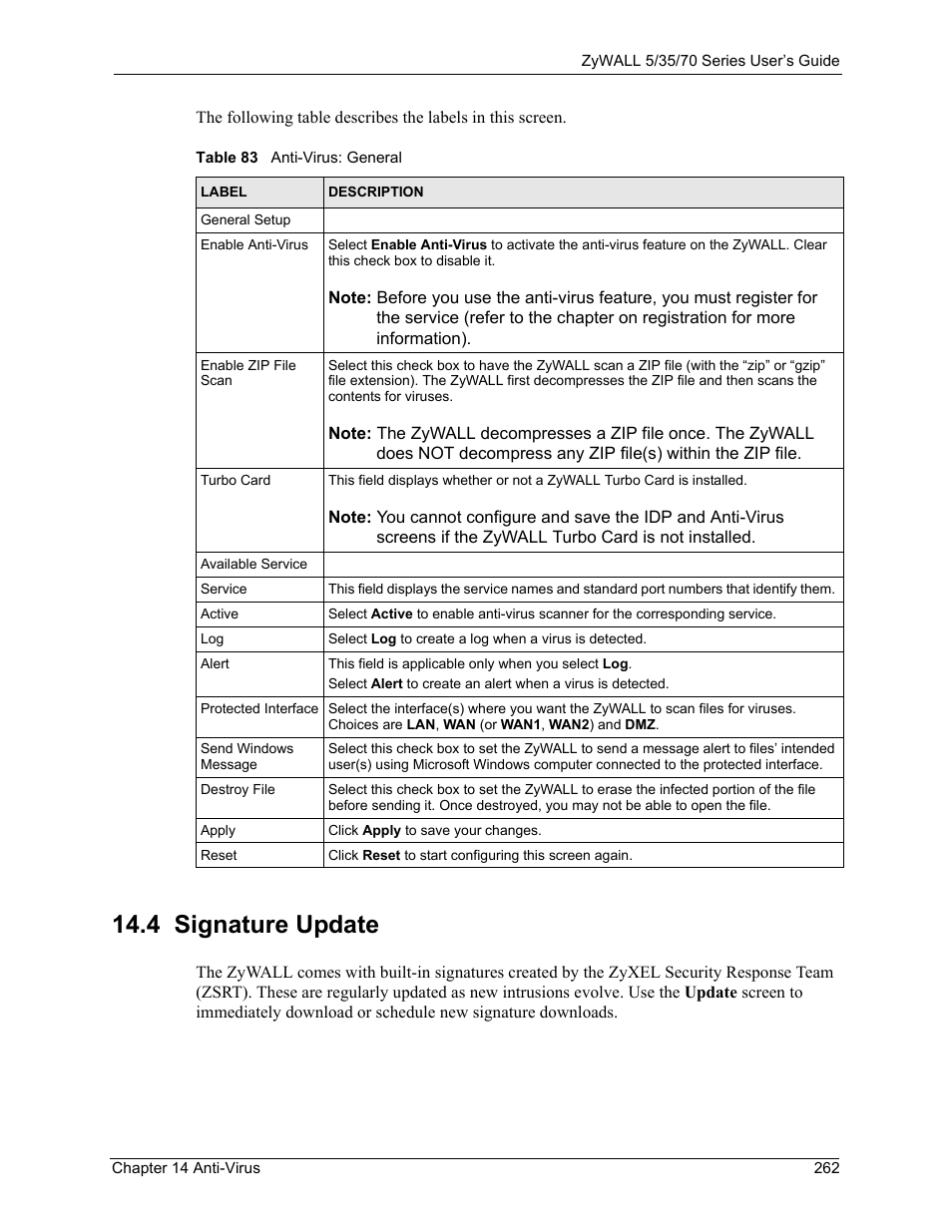 4 signature update, Table 83 anti-virus: general | ZyXEL Communications 70 Series User Manual | Page 262 / 807