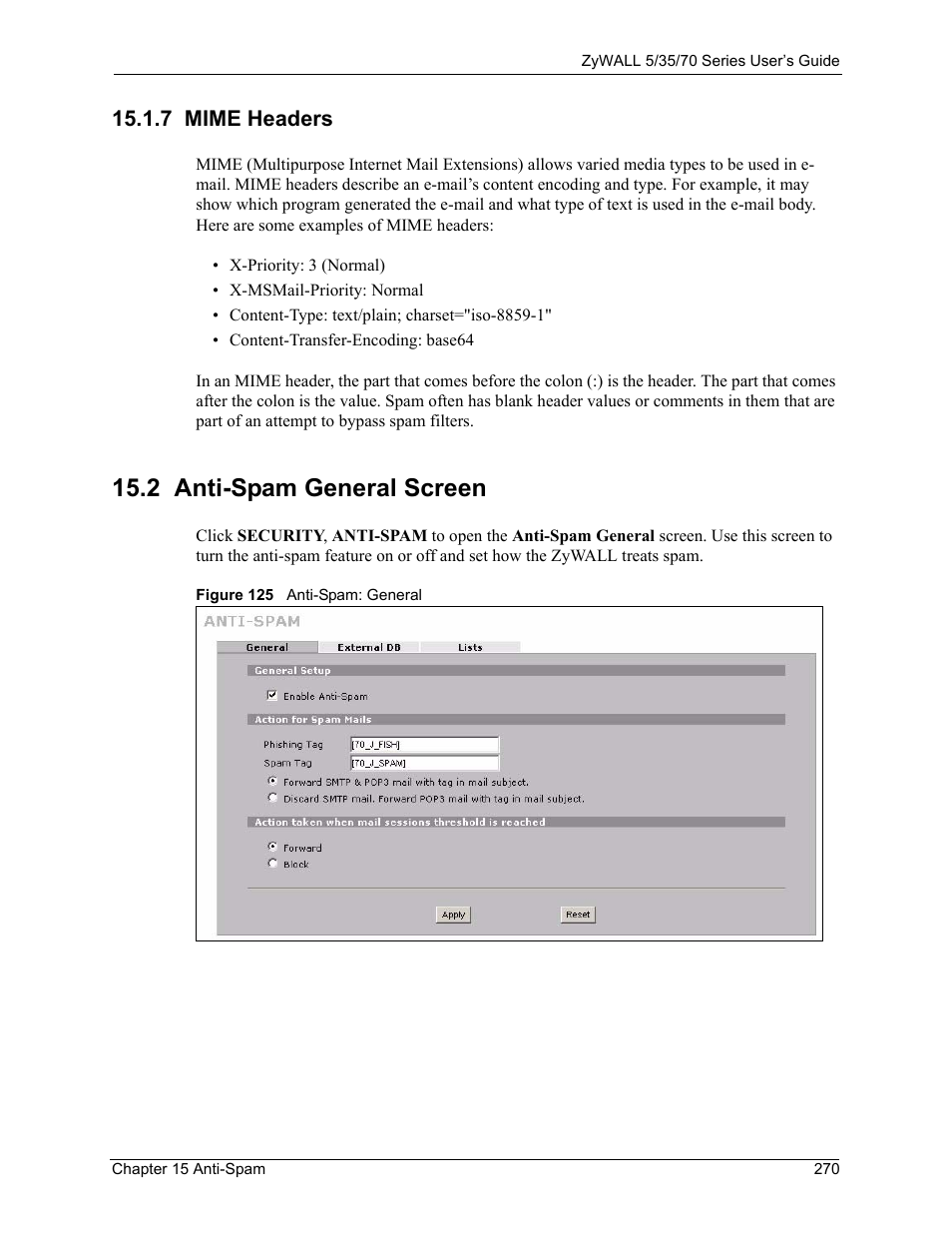 7 mime headers, 2 anti-spam general screen, Figure 125 anti-spam: general | ZyXEL Communications 70 Series User Manual | Page 270 / 807