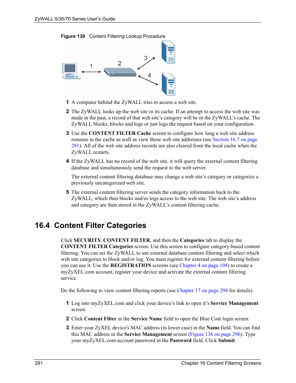 4 content filter categories, Figure 130 content filtering lookup procedure | ZyXEL Communications 70 Series User Manual | Page 281 / 807