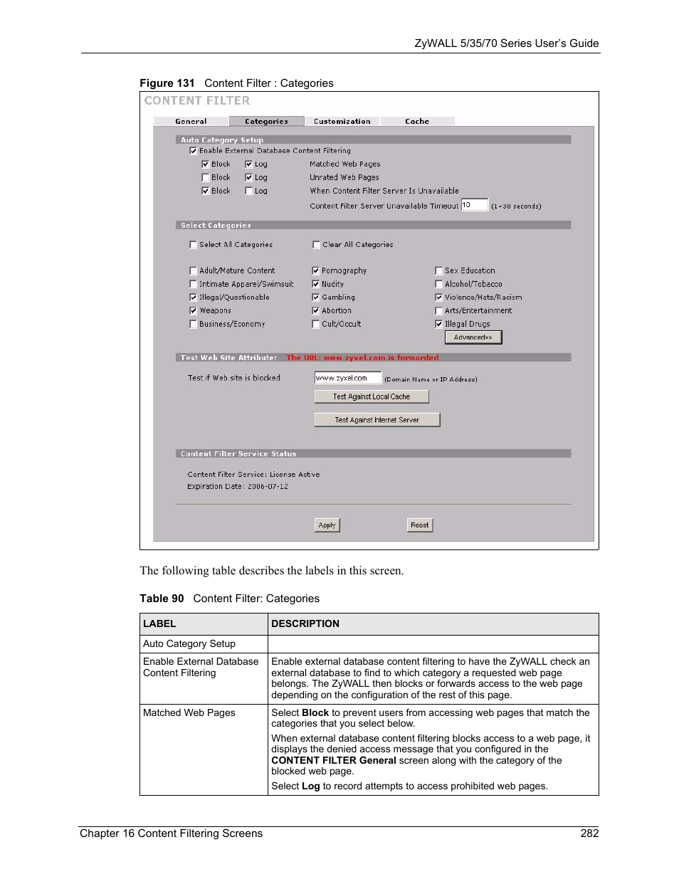 Figure 131 content filter : categories, Table 90 content filter: categories | ZyXEL Communications 70 Series User Manual | Page 282 / 807