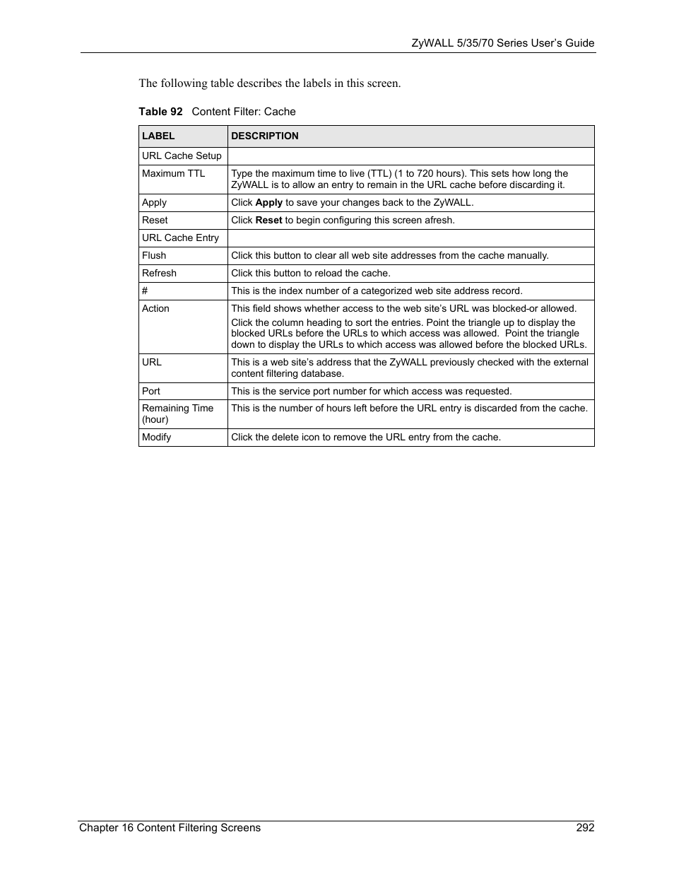 Table 92 content filter: cache | ZyXEL Communications 70 Series User Manual | Page 292 / 807