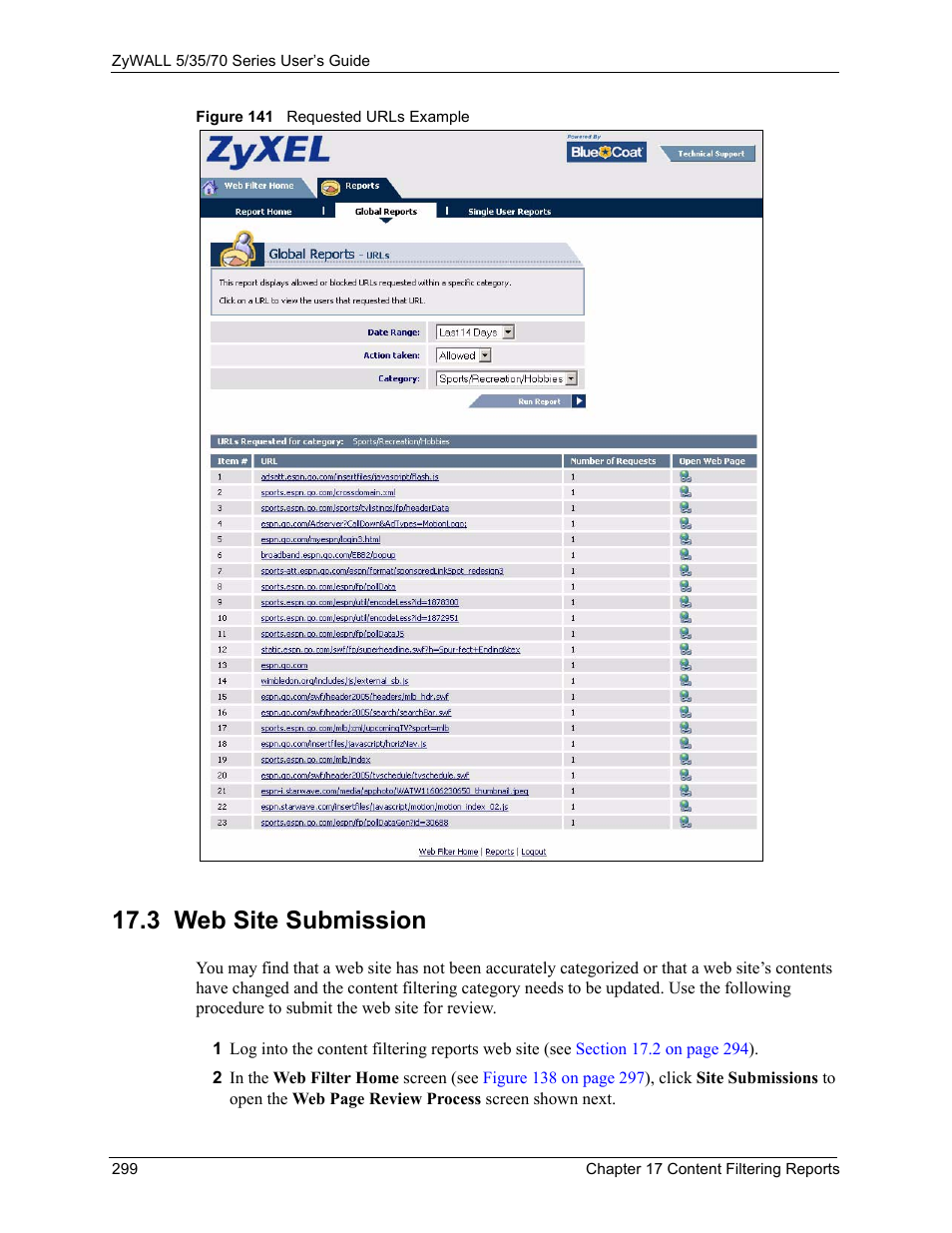 3 web site submission, Figure 141 requested urls example | ZyXEL Communications 70 Series User Manual | Page 299 / 807