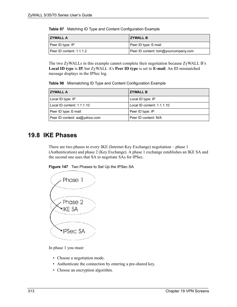 8 ike phases, Figure 147 two phases to set up the ipsec sa | ZyXEL Communications 70 Series User Manual | Page 313 / 807