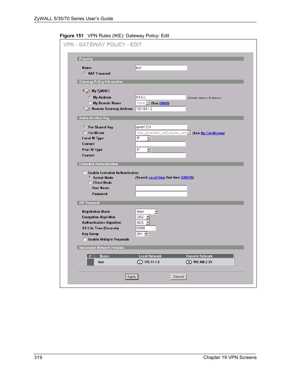 Figure 151 vpn rules (ike): gateway policy: edit | ZyXEL Communications 70 Series User Manual | Page 319 / 807