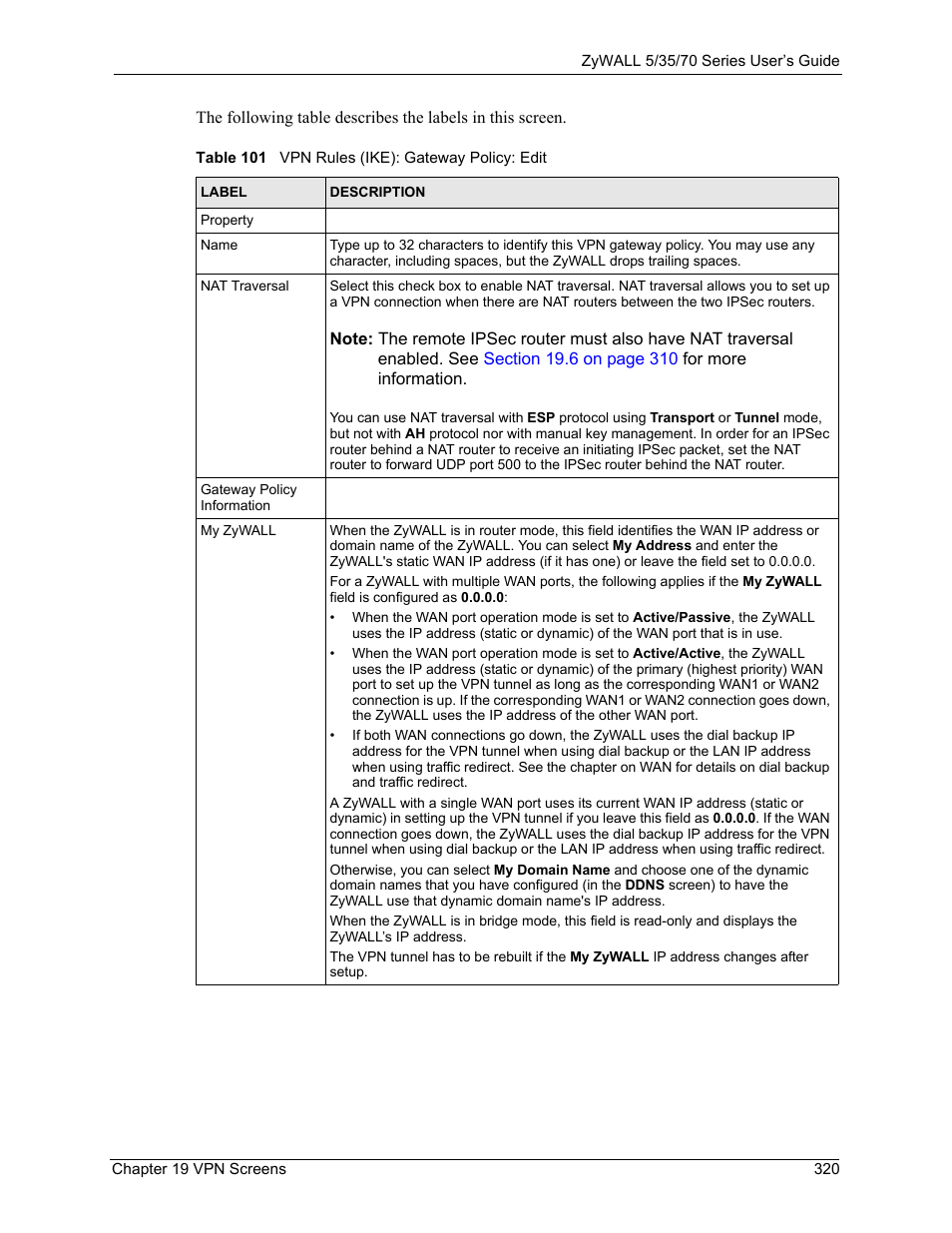 Table 101 vpn rules (ike): gateway policy: edit | ZyXEL Communications 70 Series User Manual | Page 320 / 807