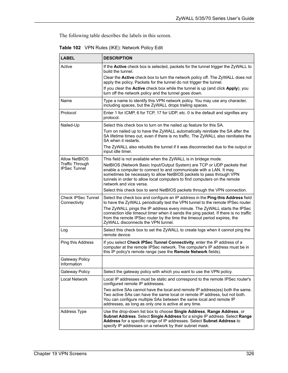 Table 102 vpn rules (ike): network policy edit | ZyXEL Communications 70 Series User Manual | Page 326 / 807
