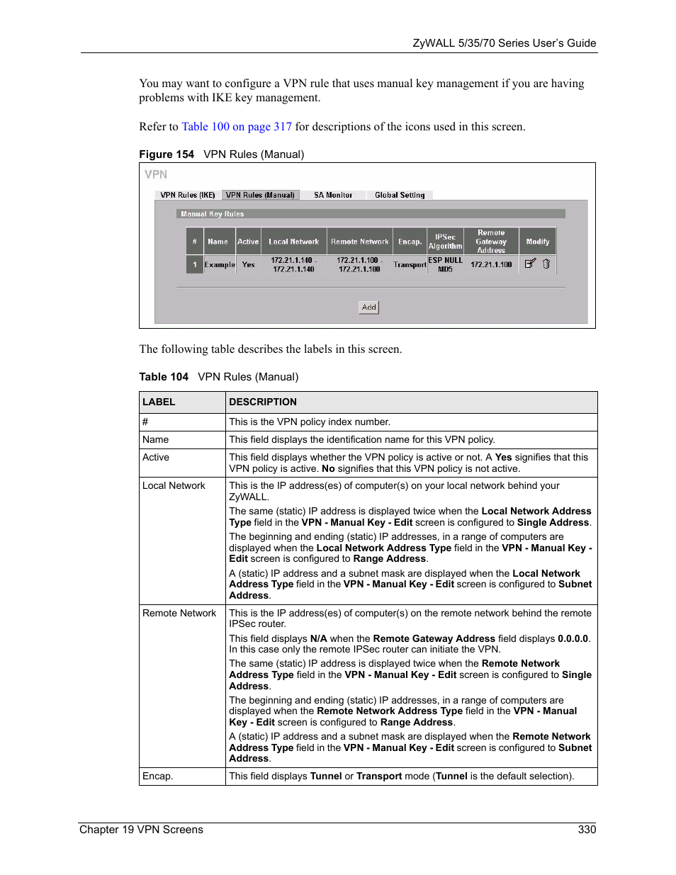 Figure 154 vpn rules (manual), Table 104 vpn rules (manual) | ZyXEL Communications 70 Series User Manual | Page 330 / 807
