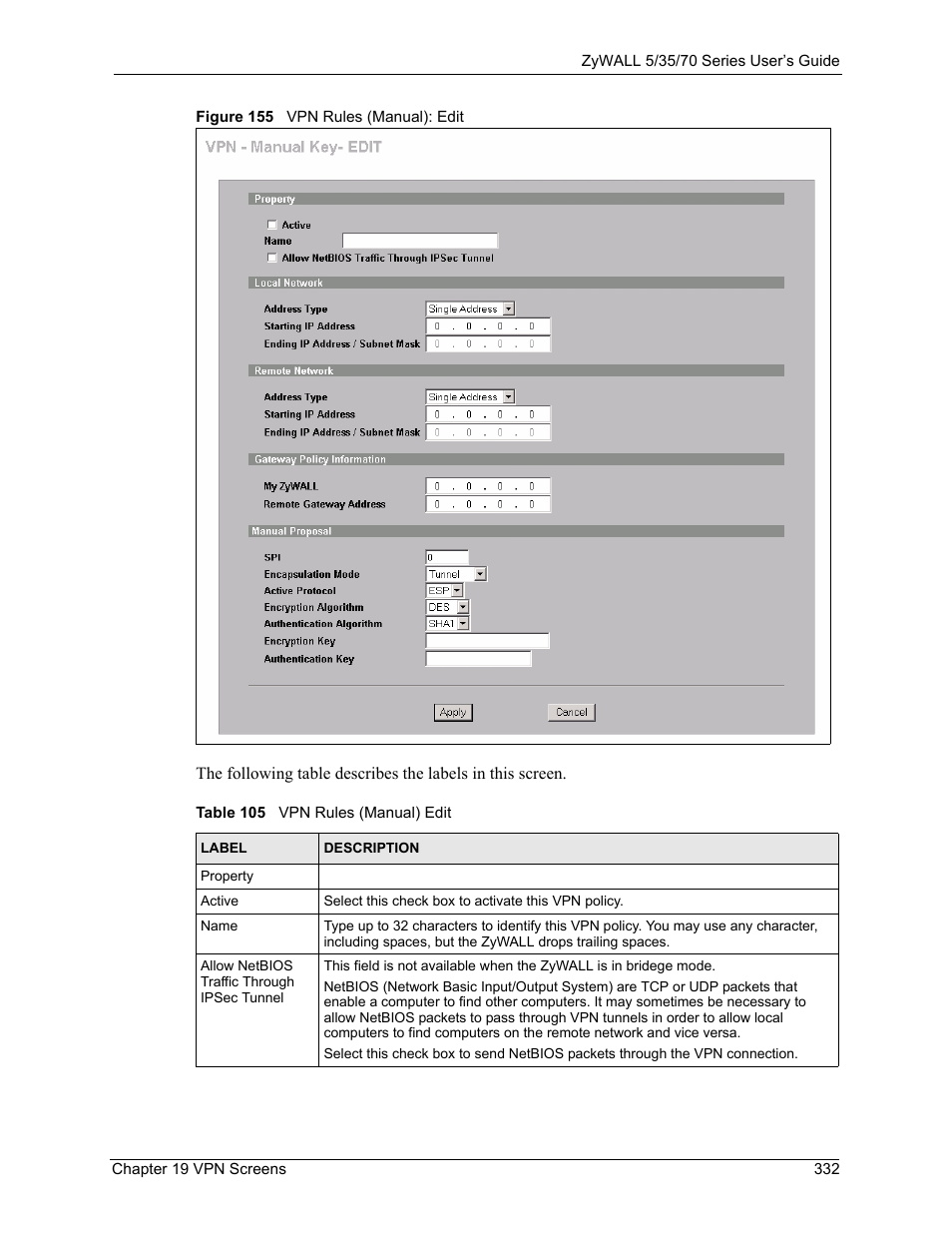 Figure 155 vpn rules (manual): edit, Table 105 vpn rules (manual) edit | ZyXEL Communications 70 Series User Manual | Page 332 / 807