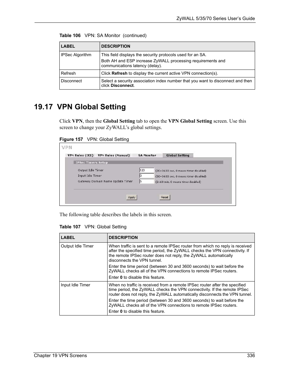 17 vpn global setting, Figure 157 vpn: global setting, Table 107 vpn: global setting | ZyXEL Communications 70 Series User Manual | Page 336 / 807