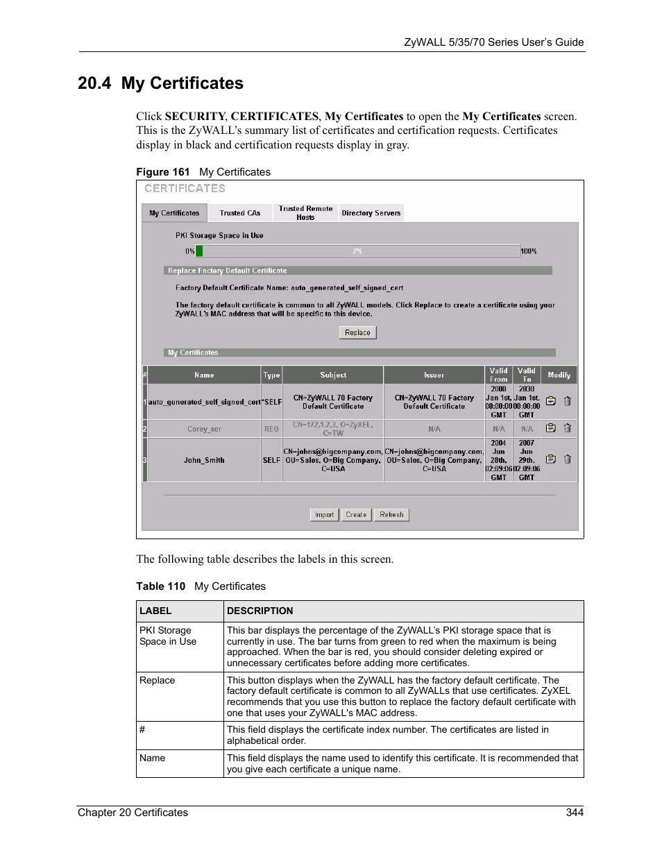 4 my certificates, Figure 161 my certificates, Table 110 my certificates | ZyXEL Communications 70 Series User Manual | Page 344 / 807