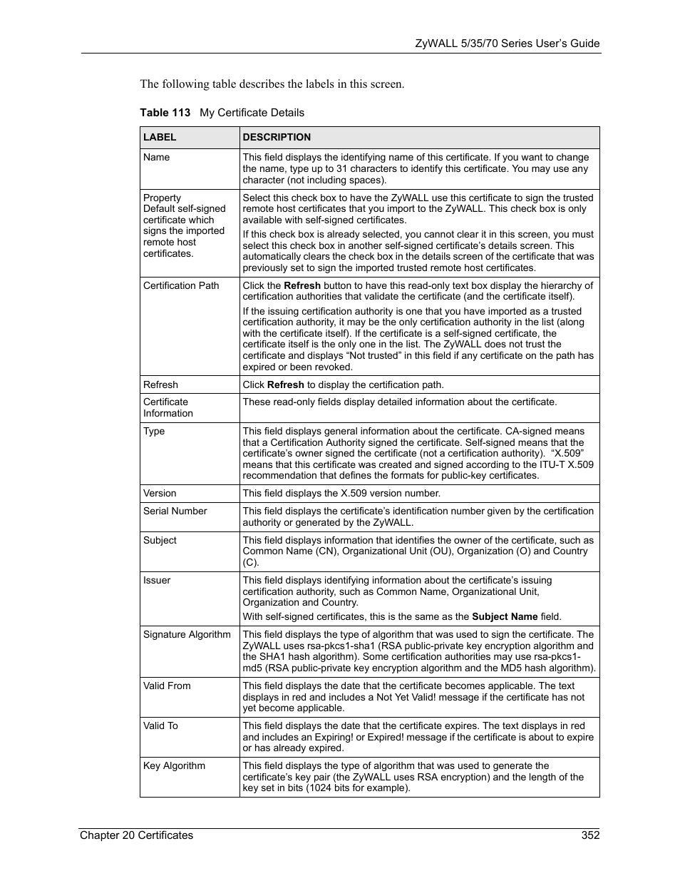 Table 113 my certificate details | ZyXEL Communications 70 Series User Manual | Page 352 / 807