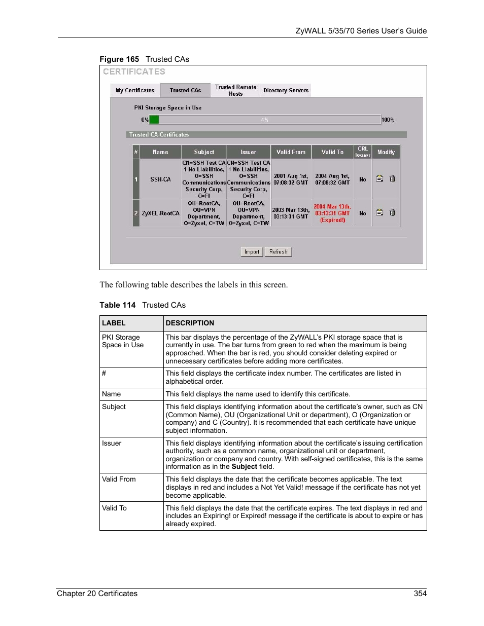 Figure 165 trusted cas, Table 114 trusted cas | ZyXEL Communications 70 Series User Manual | Page 354 / 807