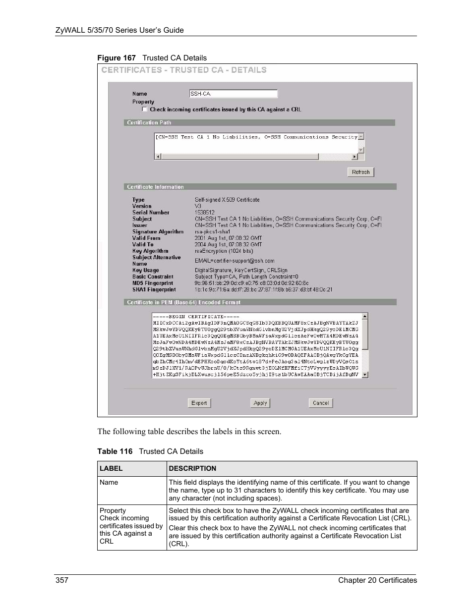 Figure 167 trusted ca details, Table 116 trusted ca details | ZyXEL Communications 70 Series User Manual | Page 357 / 807