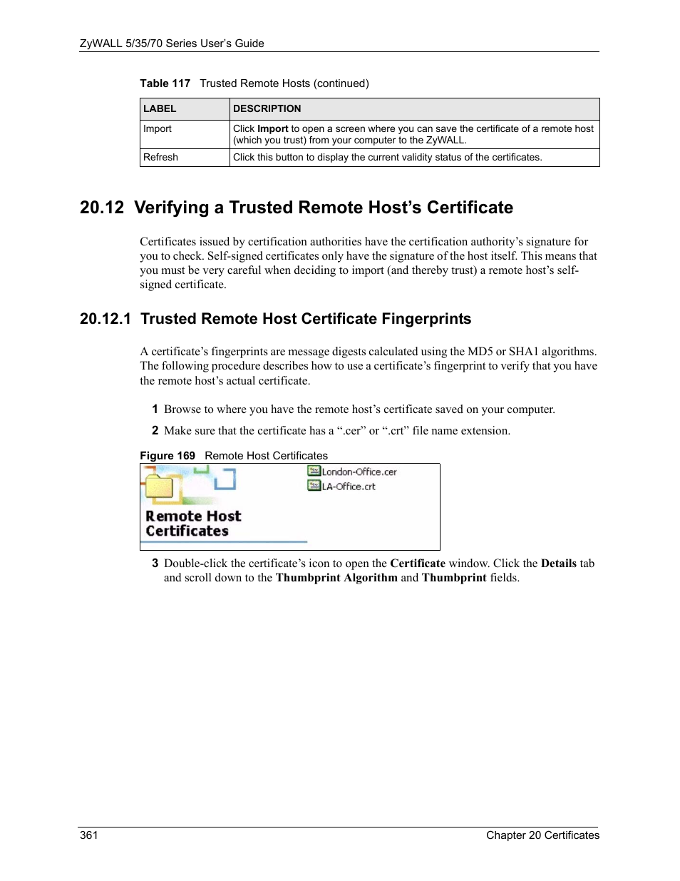 12 verifying a trusted remote host’s certificate, 1 trusted remote host certificate fingerprints, Figure 169 remote host certificates | ZyXEL Communications 70 Series User Manual | Page 361 / 807