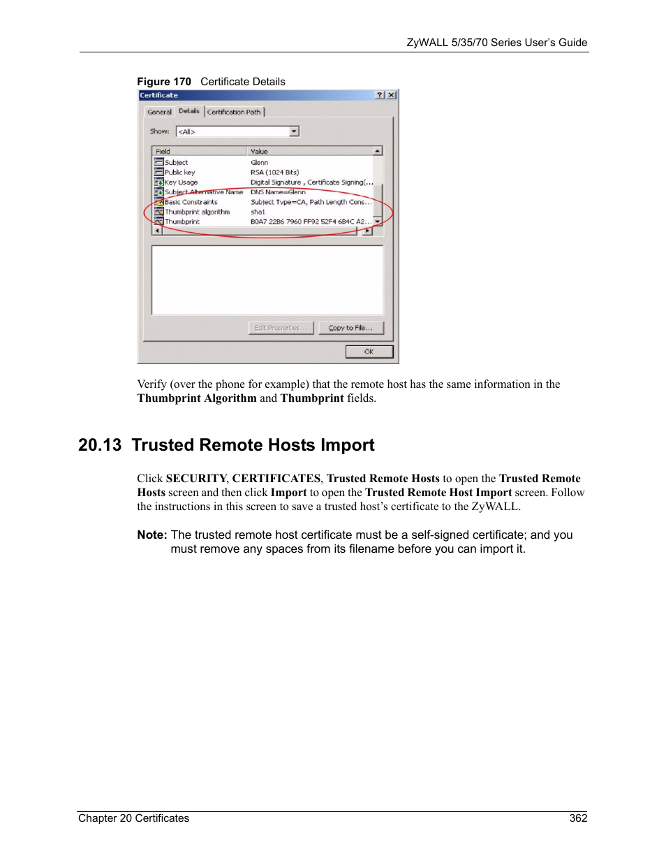 13 trusted remote hosts import, Figure 170 certificate details | ZyXEL Communications 70 Series User Manual | Page 362 / 807