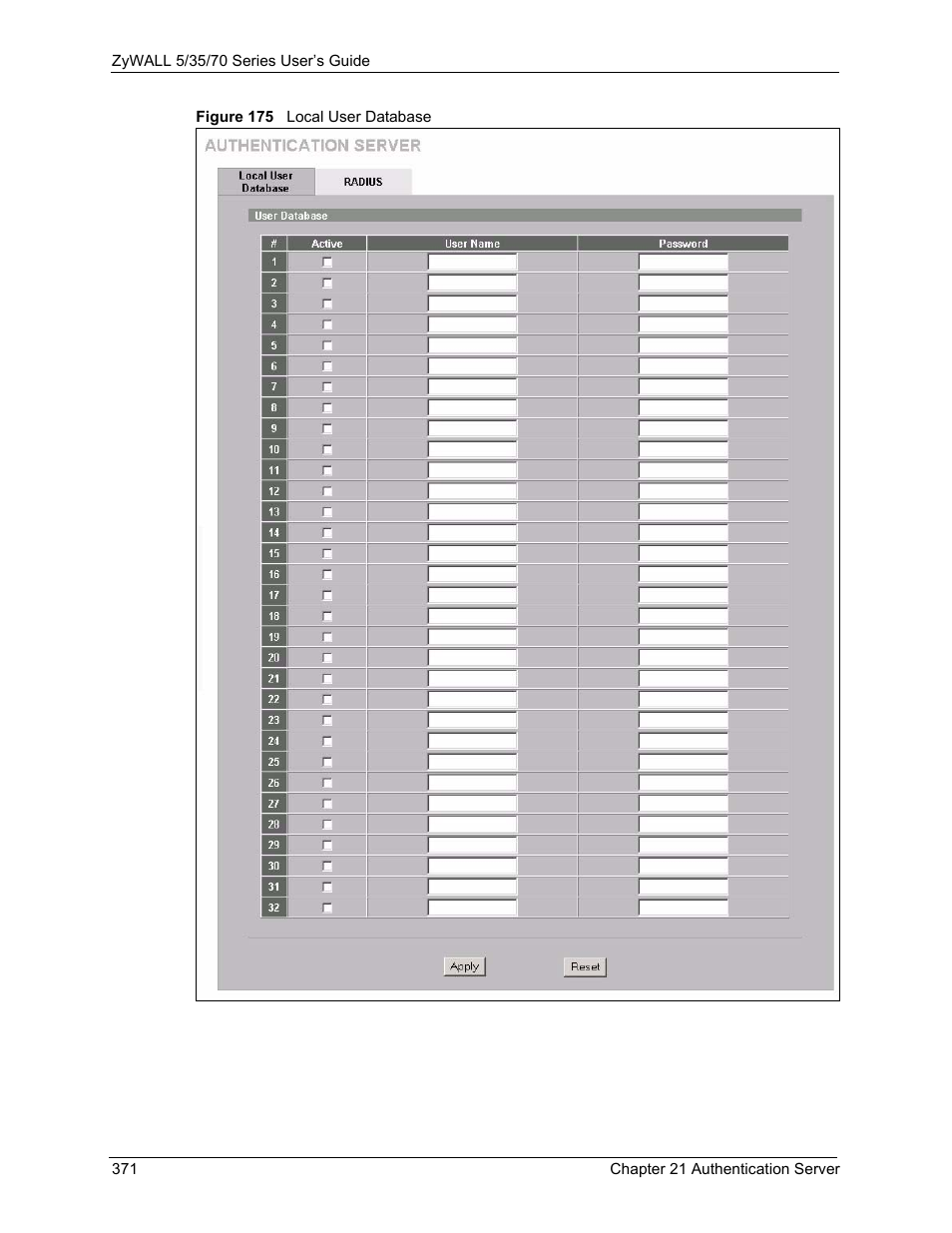 Figure 175 local user database | ZyXEL Communications 70 Series User Manual | Page 371 / 807