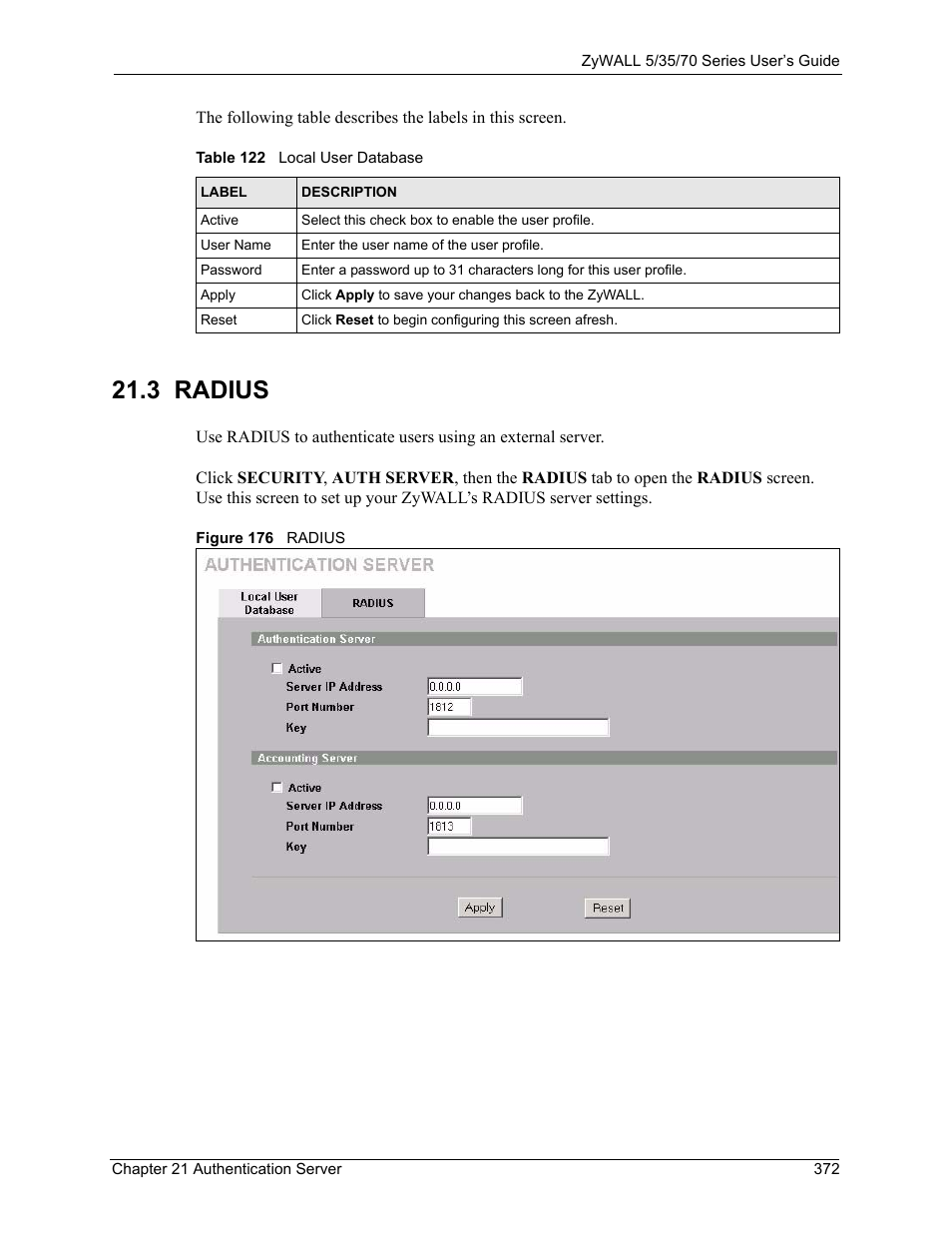 3 radius, Figure 176 radius, Table 122 local user database | ZyXEL Communications 70 Series User Manual | Page 372 / 807